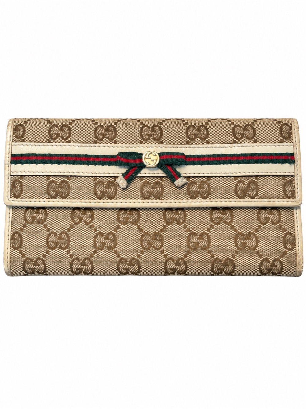Gucci Beige Monogram Continental Wallet with Red-Green Web Bow